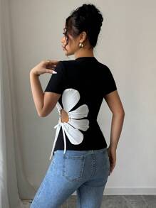 Rafferiza Elegant Round Neck Asymmetrical Hem Black & White Floral Decor Drawstring Women T-Shirt