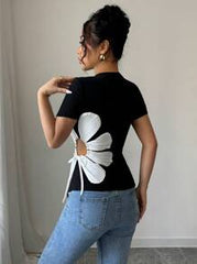 Rafferiza Elegant Round Neck Asymmetrical Hem Black & White Floral Decor Drawstring Women T-Shirt