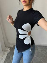 Rafferiza Elegant Round Neck Asymmetrical Hem Black & White Floral Decor Drawstring Women T-Shirt