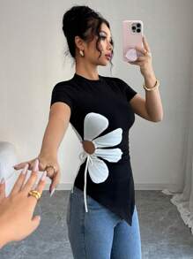 Rafferiza Elegant Round Neck Asymmetrical Hem Black & White Floral Decor Drawstring Women T-Shirt