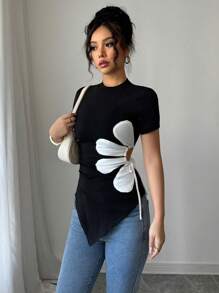 Rafferiza Elegant Round Neck Asymmetrical Hem Black & White Floral Decor Drawstring Women T-Shirt