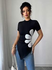 Rafferiza Elegant Round Neck Asymmetrical Hem Black & White Floral Decor Drawstring Women T-Shirt