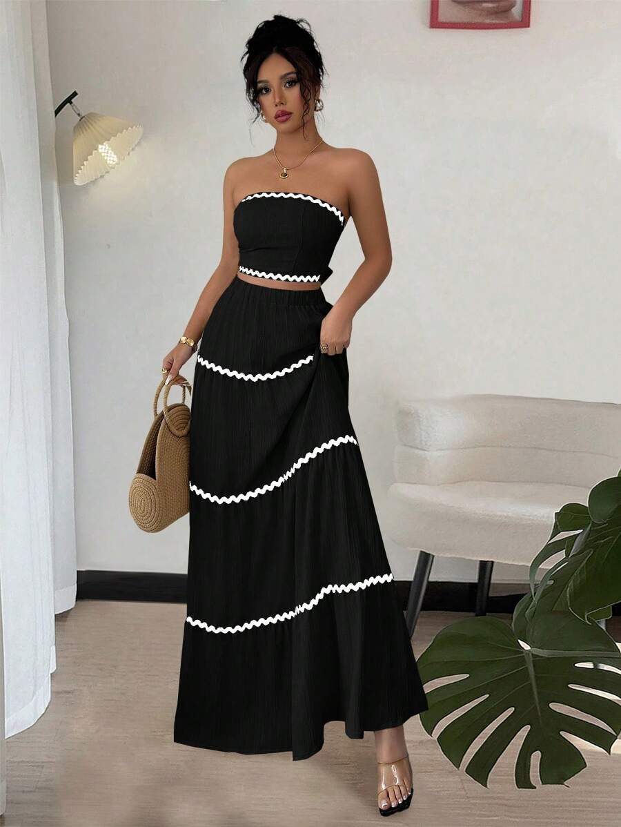 2kom/Set Ženski Elegantan Skraćeni Bandeau Top i Suknja
