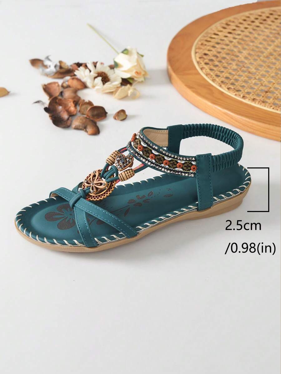 Ženske modre sandale sa cirkonima, ravne, boho stil, udobne