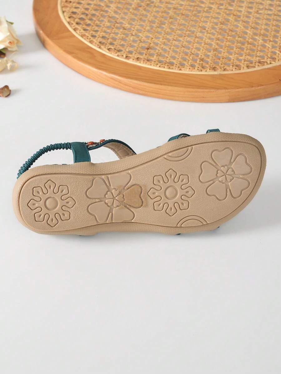Ženske modre sandale sa cirkonima, ravne, boho stil, udobne