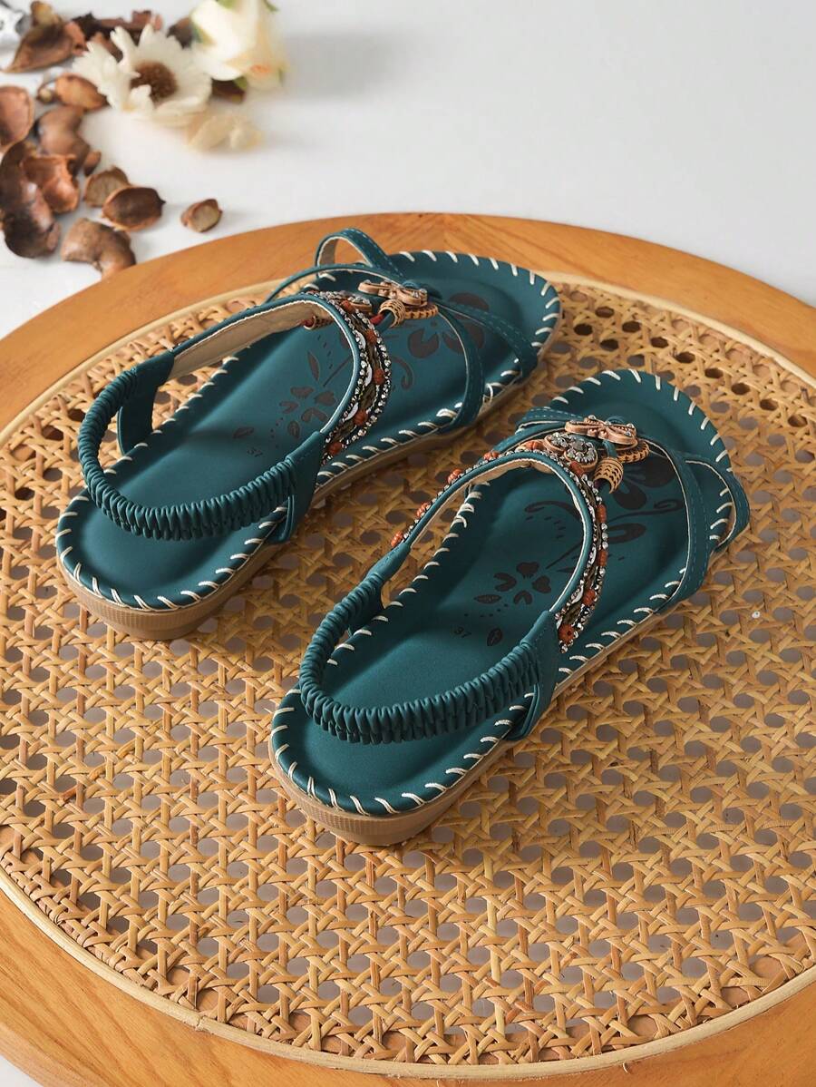 Ženske modre sandale sa cirkonima, ravne, boho stil, udobne