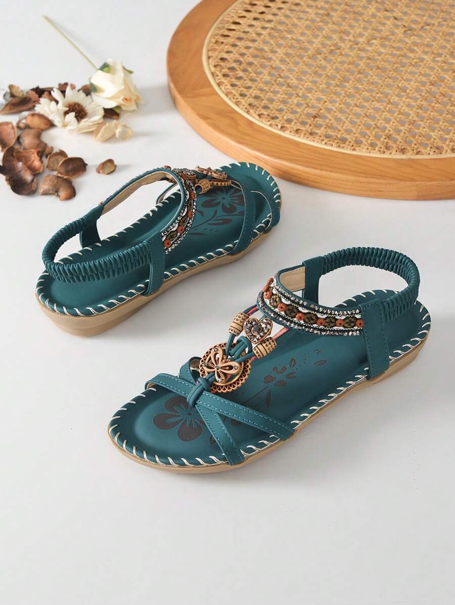 Ženske modre sandale sa cirkonima, ravne, boho stil, udobne