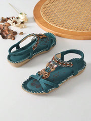 Ženske modre sandale sa cirkonima, ravne, boho stil, udobne