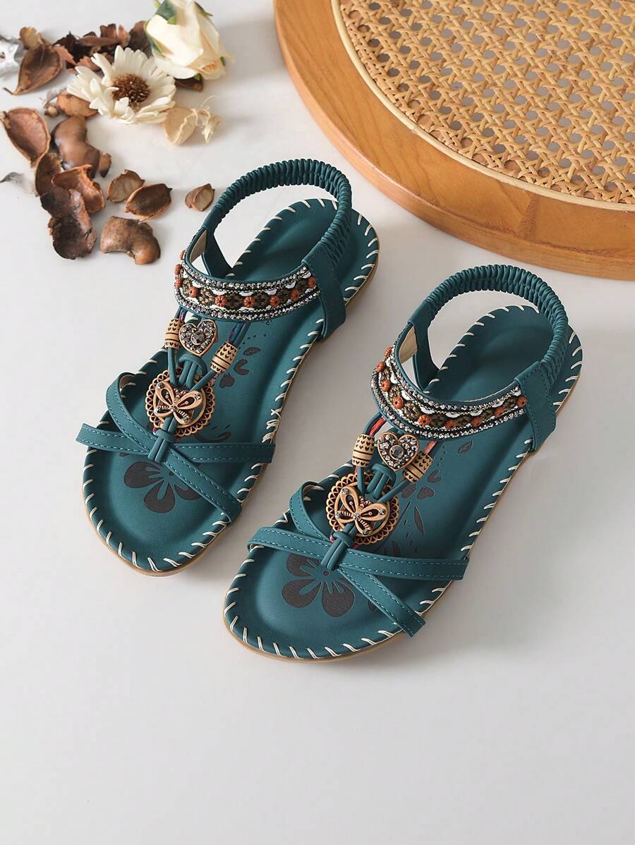 Ženske modre sandale sa cirkonima, ravne, boho stil, udobne