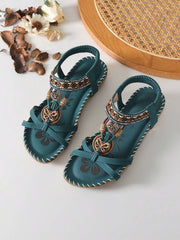 Ženske modre sandale sa cirkonima, ravne, boho stil, udobne