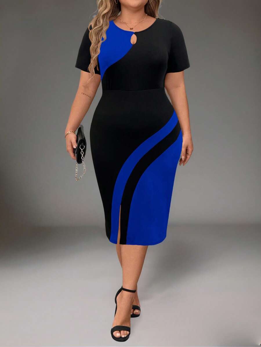 Plus size haljina sa koloblock dizajnom i izrezom