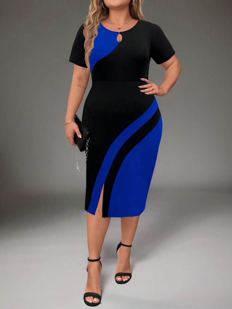 Plus size haljina sa koloblock dizajnom i izrezom