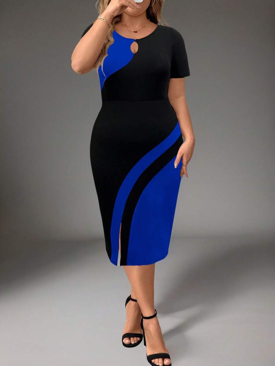 Plus size haljina sa koloblock dizajnom i izrezom