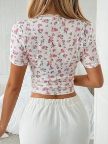 SHEIN Holidaya Breasted Floral Lace Square Collar Slim Short Sleeve Funny T-Shirt For Women