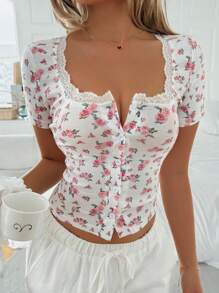 SHEIN Holidaya Breasted Floral Lace Square Collar Slim Short Sleeve Funny T-Shirt For Women