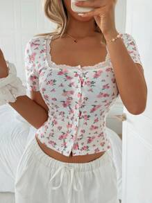 SHEIN Holidaya Breasted Floral Lace Square Collar Slim Short Sleeve Funny T-Shirt For Women