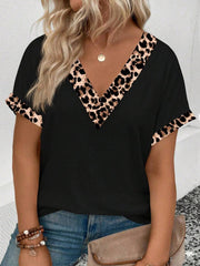Ležerna majica kratkih rukava sa leopard printom i patchwork dizajnom, plus size