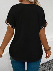 Ležerna majica kratkih rukava sa leopard printom i patchwork dizajnom, plus size