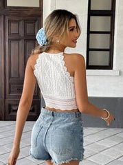 Serisse Women's White Summer Boho Elegant Holiday Vacation Holiday Contrast Lace Cropped Slim Fit Halter Neck Tank Top,Lace Patchwork Textured Fabric Chic
