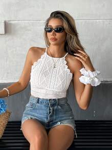 Serisse Women's White Summer Boho Elegant Holiday Vacation Holiday Contrast Lace Cropped Slim Fit Halter Neck Tank Top,Lace Patchwork Textured Fabric Chic