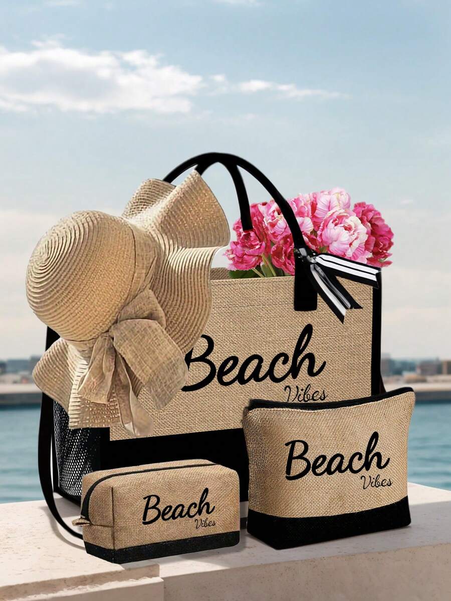Crno-bež "Beach Please" set od 4 komada sa plažnom torbom