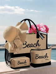 Crno-bež "Beach Please" set od 4 komada sa plažnom torbom