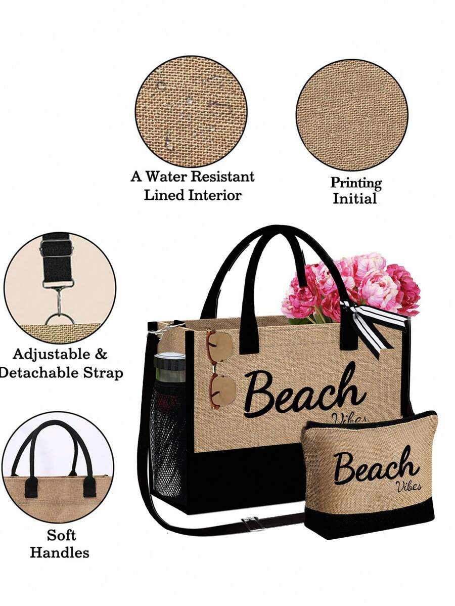 Crno-bež "Beach Please" set od 4 komada sa plažnom torbom