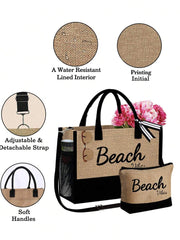 Crno-bež "Beach Please" set od 4 komada sa plažnom torbom