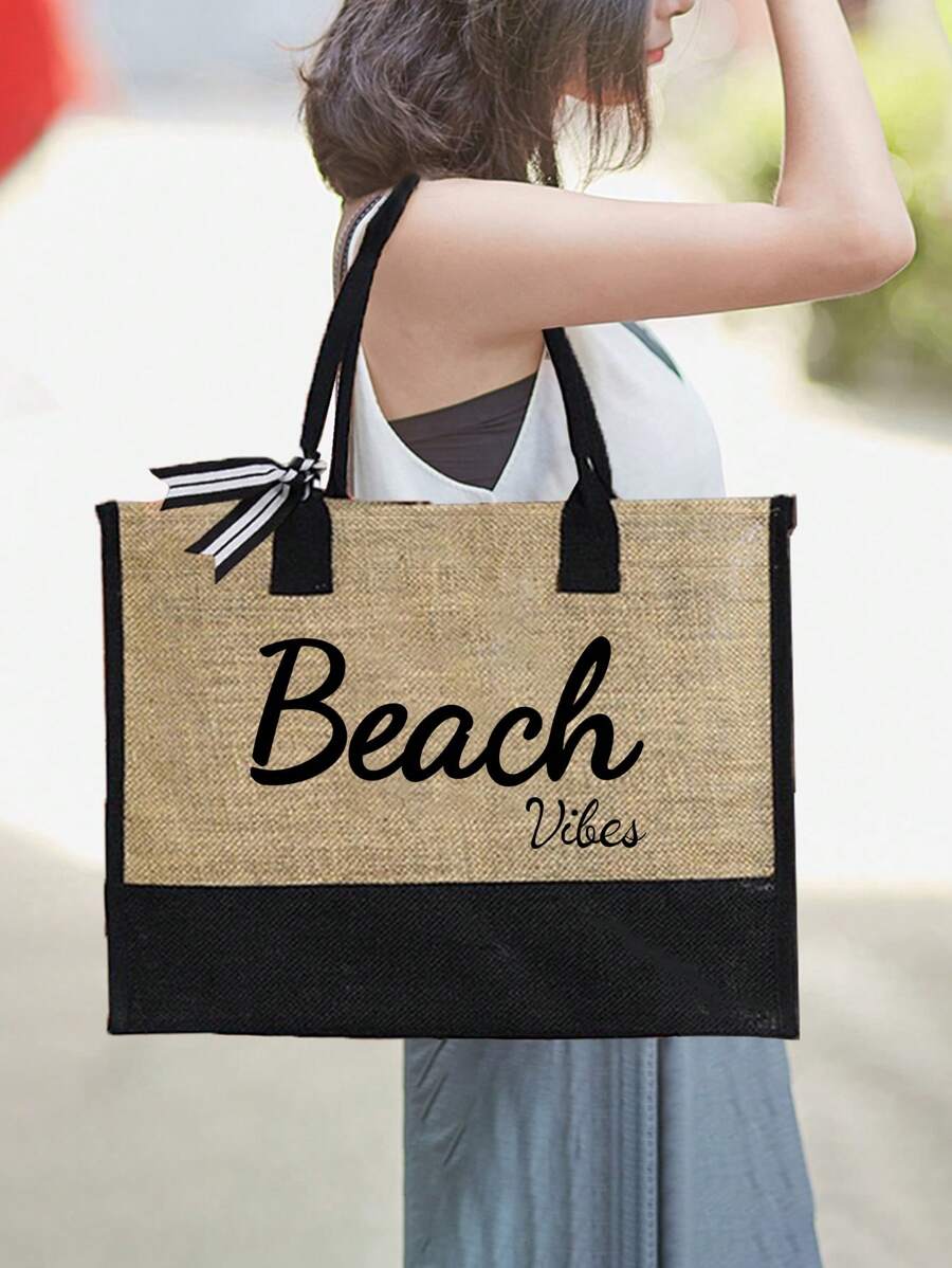 Crno-bež "Beach Please" set od 4 komada sa plažnom torbom