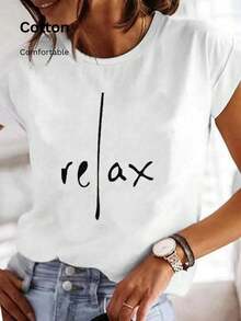 Women's Casual Solid Color T-Shirt With Simple English Graphic Print, Round Neck, Short Sleeve White Summer
