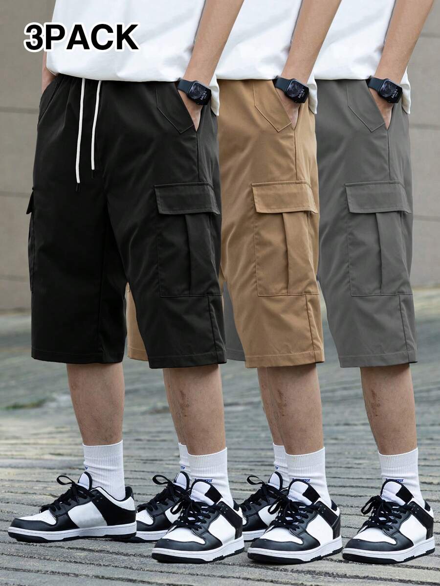 3 kom/set muške ležerne cargo pantalone jednobojne sa pertlom u struku
