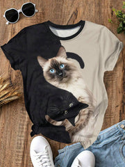 SHEIN LUNE Yin Yang Black & White Cats Print Round Neck Short Sleeve Tee,Casual And Comfort