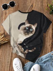SHEIN LUNE Yin Yang Black & White Cats Print Round Neck Short Sleeve Tee,Casual And Comfort