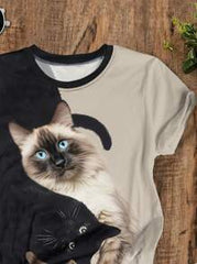 SHEIN LUNE Yin Yang Black & White Cats Print Round Neck Short Sleeve Tee,Casual And Comfort
