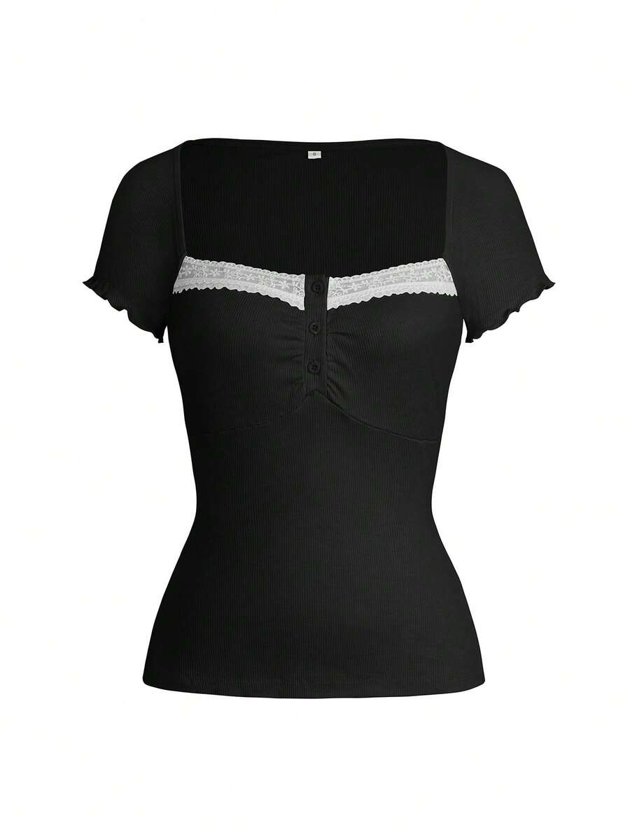 Ženska letnja majica sa čipkastim umetkom i kvadratnim izrezom – slim fit