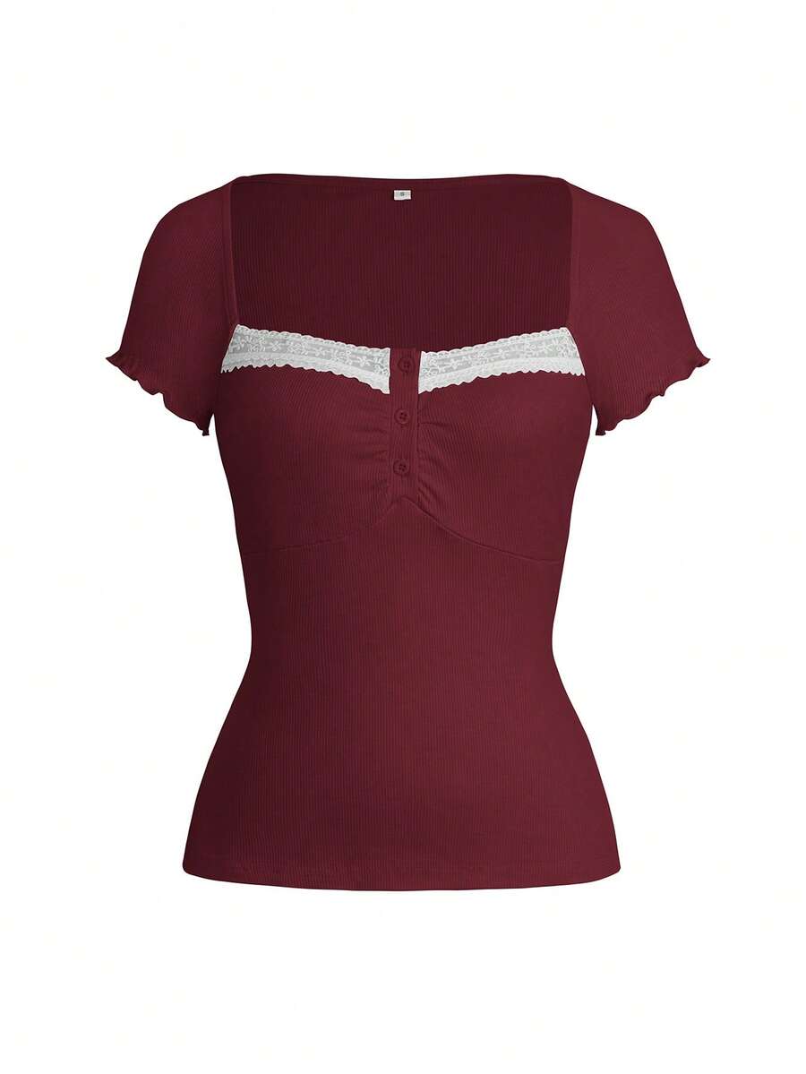 Ženska letnja majica sa čipkastim umetkom i kvadratnim izrezom – slim fit