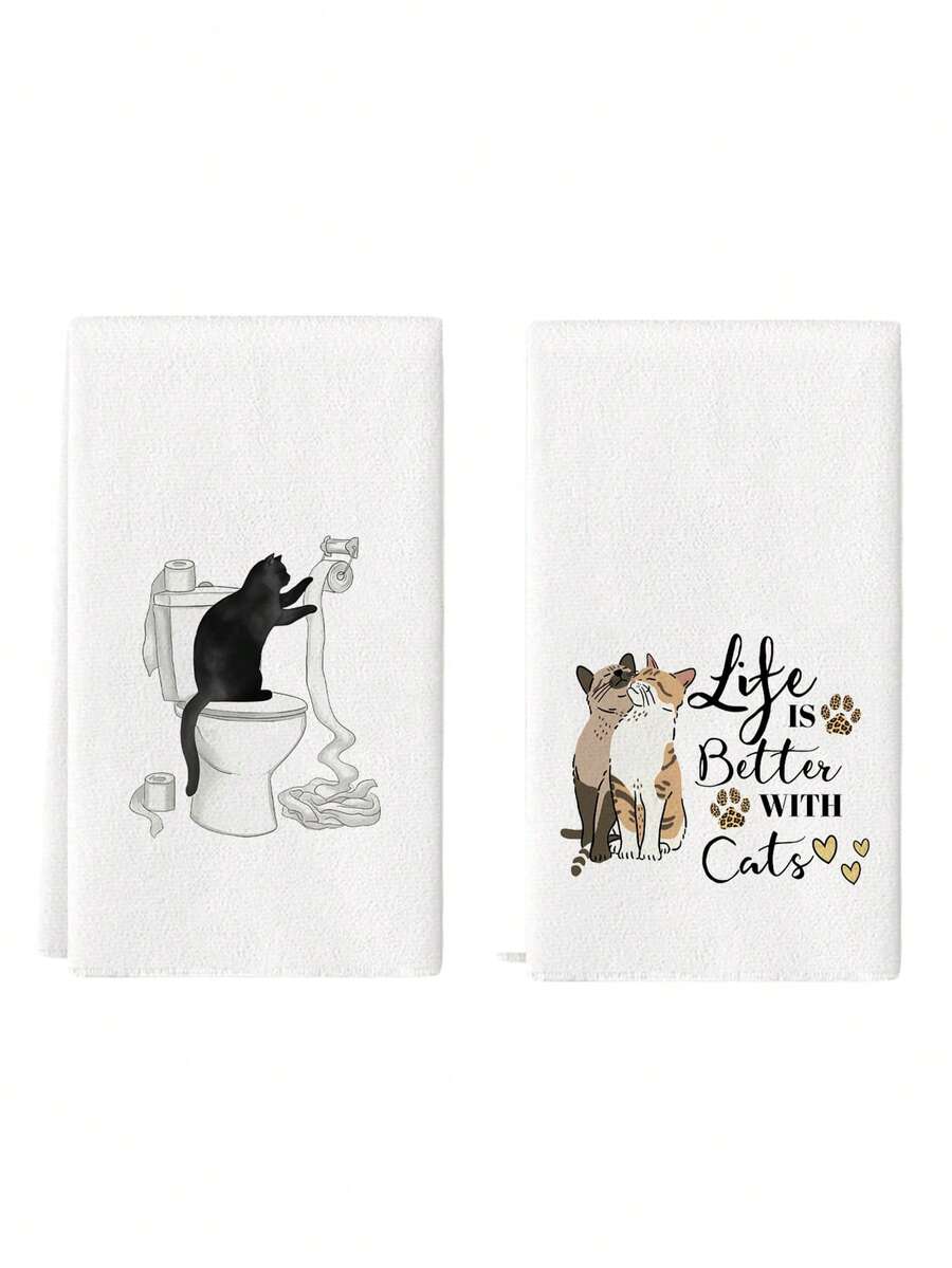 2 komada kuhinjskih krpa sa mačkama, akvarelni crno-beli dezen mačke sa tekstom "Silently Judging Your Meows"