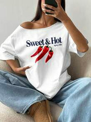Flirla Women Plus Size Loose Spicy Life Graphic Asymmetrical Neck Short Sleeve T-Shirt,Oversized