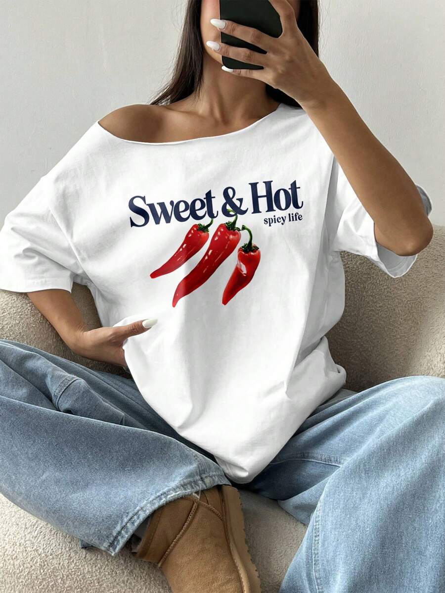 Flirla Women Plus Size Loose Spicy Life Graphic Asymmetrical Neck Short Sleeve T-Shirt,Oversized