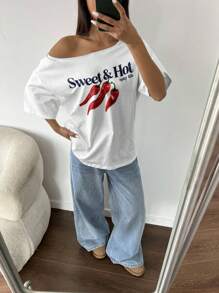 Flirla Women Plus Size Loose Spicy Life Graphic Asymmetrical Neck Short Sleeve T-Shirt,Oversized