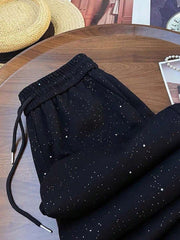 Ležerne široke pantalone ravnih nogavica sa elastičnim strukom, dezen zvezdanog neba