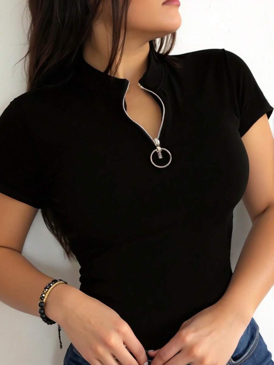 INAWLY Solva Women's Casual Solid Color Stand Collar Short Sleeve T-Shirt, Summer