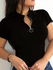 INAWLY Solva Women's Casual Solid Color Stand Collar Short Sleeve T-Shirt, Summer