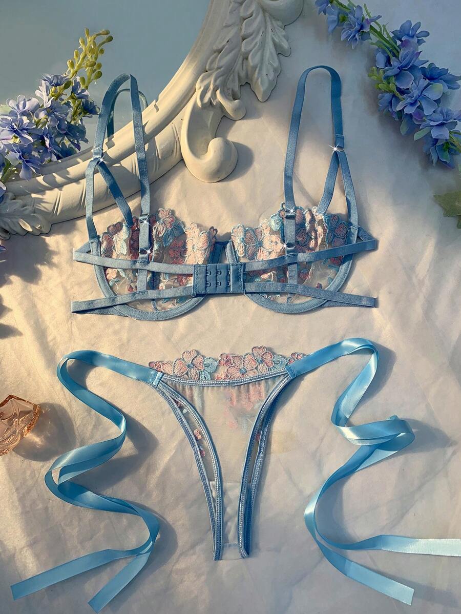 Crystal Vow 2 kom/set ženski donji veš set u nebesko plavoj boji sa vezom i pertlanjem