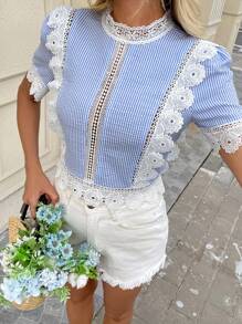 SHEIN LUNE Lace Panel French Romantic Women's Short Sleeve Blouse, Blue & White Striped, Suitable For Spring/Summer Vacation, Dates, Commuting
