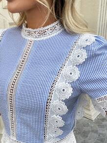 SHEIN LUNE Lace Panel French Romantic Women's Short Sleeve Blouse, Blue & White Striped, Suitable For Spring/Summer Vacation, Dates, Commuting