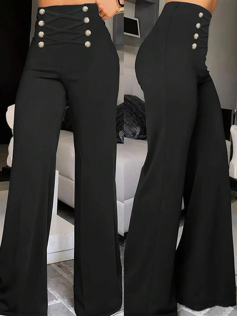 Crne jesenje pantalone  sa visokim strukom i ravnim nogavicama