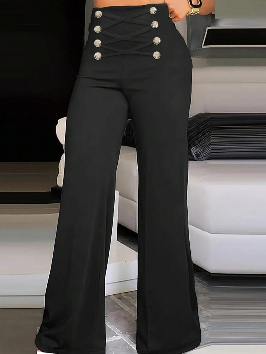 Crne jesenje pantalone  sa visokim strukom i ravnim nogavicama