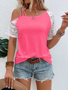 EMERY ROSE Vacation Casual Color-Block Lace Patchwork Asymmetric Neck T-Shirt