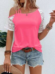 EMERY ROSE Vacation Casual Color-Block Lace Patchwork Asymmetric Neck T-Shirt